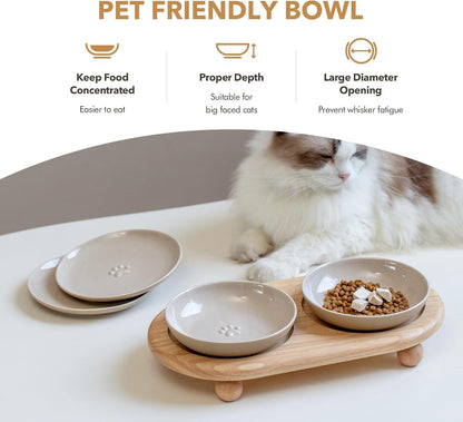 Havniva Elevated Cat Bowls, Cat Food and Water Bowl Set, Ceramic Cat Bowl | Raised Cat Food Bowls, Whisker Friendly, 5.6” Shallow Cat Dishes + 6” Wide Cat Plates, Non-Slip Wood Stand, Two Heights5