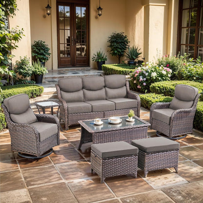 Luxury High Back Outdoor Furniture with 6-Inch Extra Thick Cushions, Patio Furniture Set with Swivel Chairs, 7 PCS Wicker Conversation Set for Yard, Deck, Poolside, Brown/Grey1