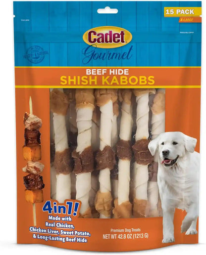 Cadet Gourmet Shish Kabob Dog Chews for Large Breeds, Rawhide Treats for Dogs with Chicken and Sweet Potato, Healthy & Natural Beef Hide, 10-Inch Sticks, 4 Count (Pack of 1)12