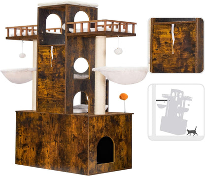 Heybly Cat Tree with Litter Box Enclosure for Indoor Big Cat, Cat Tower for Large Cats 20 Lbs Heavy Duty, Modern Cat Condo Furniture with Scratching Posts, Rustic Brown HCT110SR8