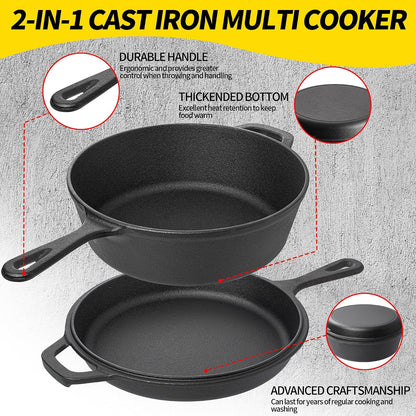 2 in 1 Cast Iron Dutch Oven Pot with Skillet Lid Pre Seasoned Multi Cooker for Baking Frying Roasting Camping Compatible with All Stoves Olla De Hierro Fundido Sartén7