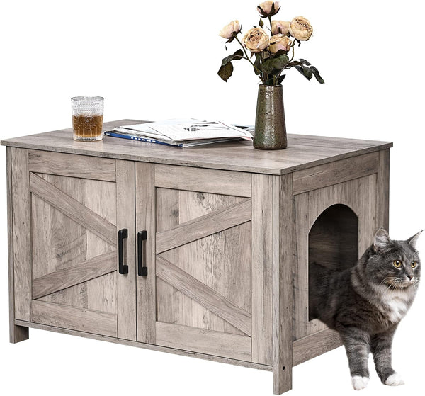 Homhedy 39.4" L Cat Litter Box Enclosure with Barn Door, Black | Wooden Cat Washroom Furniture, Cat House, Pet Storage Cabinet, Dog-Proof, Fit Most of Litter Box, Farmhouse Style9