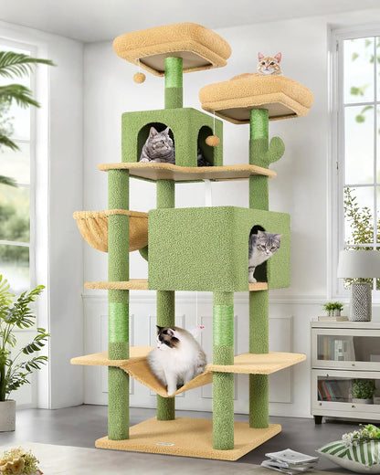 Globlazer Cactus Cat Tree Tower 76-Inch Extra Tall Multi-Level Cat Furniture with Cozy Condos,Interactive Toys and Perches for Large Cats, Perfect for Climbing, Scratching, and Play, F76, Green1