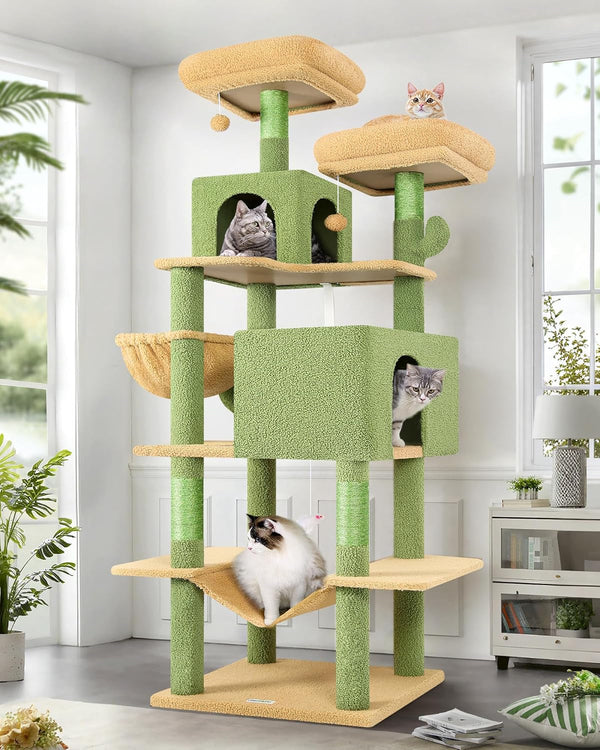 Globlazer Cactus Cat Tree Tower 76-Inch Extra Tall Multi-Level Cat Furniture with Cozy Condos,Interactive Toys and Perches for Large Cats, Perfect for Climbing, Scratching, and Play, F76, Green1