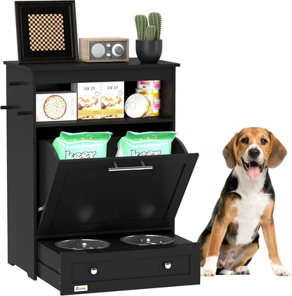 Pawhut Dog Feeding Station with Raised Bowls, Pet Feeder Station, Black | Dog Food Storage Cabinet, Hanger for Feeding & Watering Supplies1