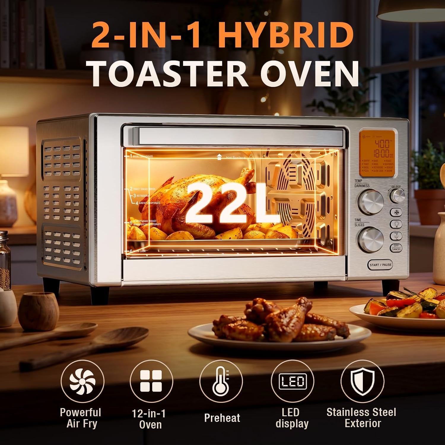 12-in-1-air-fryer-toaster-oven-combo-22l-countertop-oven-stainless-steel-1500w-convection-oven-with-rotisserie-dehydrator-and-slow-cook-6-rack-positions-and-5-accessories-included