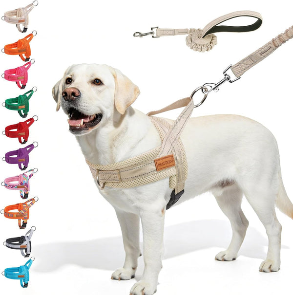 BEAUTYZOO Dog Harness No Pull, Quick Fit Dog Harness and Leash Set, Escape Proof Vest Harness with Soft Handle, Reflective Breathable Mesh Padding Harness for Medium Size Dog Training Walking, Beige M36