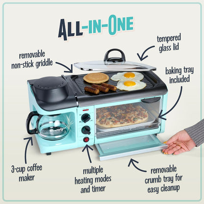 3-In-1 Breakfast Station - Includes Coffee Maker, Non-Stick Griddle, and 4-Slice Toaster Oven - Versatile Breakfast Maker with Timer - Aqua4