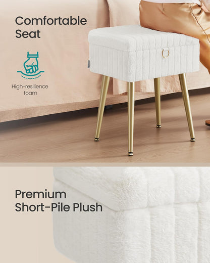 SONGMICS Vanity Stool Chair Faux Fur with Storage, Vanity Bench, Metal Legs, Adjustable Feet, for Living Room, Bedroom, Makeup Room, Cream White ULOM505WZ024