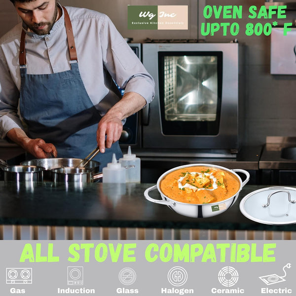 Stainless Steel Wok with Glass Lid, 3 QT - 10.2 Inch / 26 CM Tri-Ply Kadhai, Wide & Deep Cookware Stir-Fry Pans, Dishwasher & Oven Safe, Non-Toxic Cooking Wok Pan, Induction Compatible5