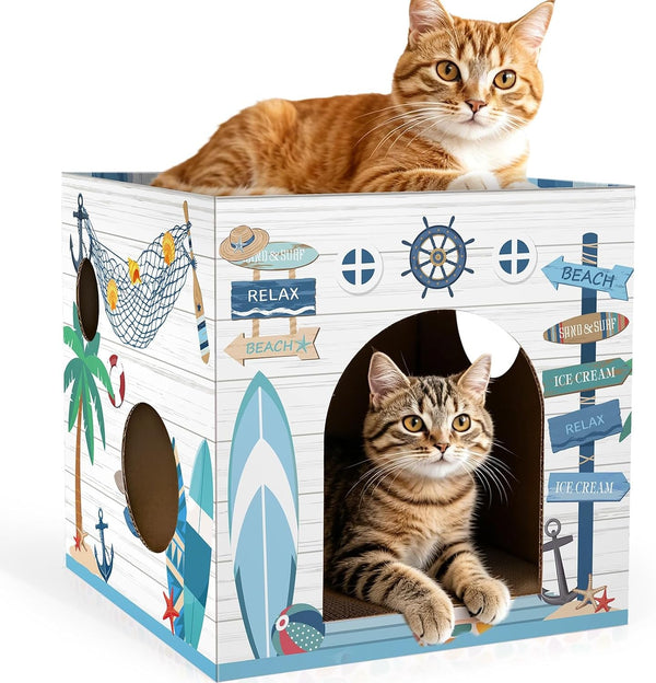 Cinrobiye Cardboard Cat House with Scratcher, Indoor Cat Condo Cat Cave Hideout with Scratch Pad, Cardboard Cat Playhouse Bed for Cats, Kittens, Rabbits & Small Pets (Mushroom)16
