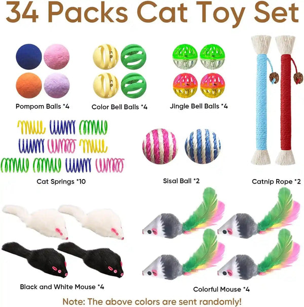 Cat Toys for Indoor Cats, 34 Pack Interactive Cat Toy Set for Kitten | Kitten Toys Variety Pack with Chew Toy, Spring, Mouse & Ball, Ideal for Enrichment, Boredom Relief and Self Play, Toy Bulk2