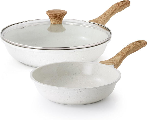 Ceramic Nonstick Frying Pan Skillets, White (8+11Inch with Lid) | Healthy Ceramic Nontoxic Coating, PTFE & PFAS Free. Compatible with All Stoves Including Induction Cooktops. Easy to Clean.1