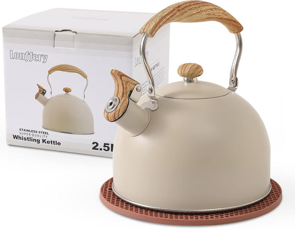 Tea Kettle for Stove Top | 2.5 Quart Whistling Tea Kettle, with Food Grade Stainless Steel and Wood Pattern Folding Handle, Creamy White1