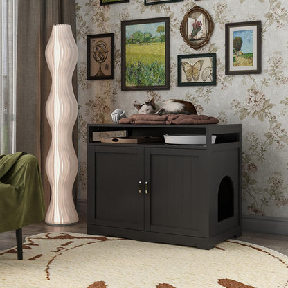 31.5" L Walnut Cat Litter Box Enclosure with Hidden Plug & 2 Doors, Indoor Large Cat Washroom Storage Bench Side Table3