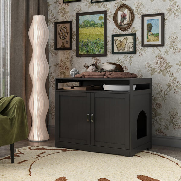 31.5" L Walnut Cat Litter Box Enclosure with Hidden Plug & 2 Doors, Indoor Large Cat Washroom Storage Bench Side Table3
