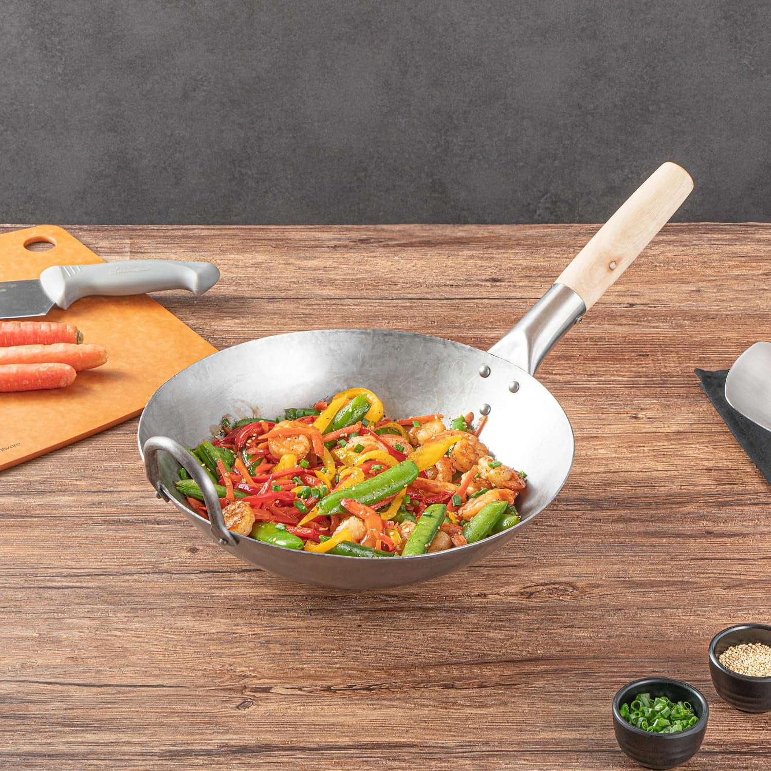 carbon-steel-wok-1-pack-of-12-inch-heavy-duty-stir-fry-pan-silver-hand-hammered-wok-efficient-maneuvering-steel-helper-handle-uniform-heat-distribution-asian-cooking