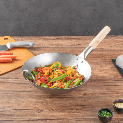 Carbon Steel Wok 1 Pack of 12 Inch Heavy-Duty Stir Fry Pan Silver Hand Hammered Wok Efficient Maneuvering Steel Helper Handle Uniform Heat Distribution Asian Cooking3
