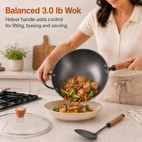 12.6 Inch Carbon Steel Wok with Lid, Flat Bottom Induction Wok Pan, Non-Coated Stir Fry Wok Skillet with Helper Handle, Gas Electric Ceramic Halogen Compatible, Includes Iron Wok Spatula3