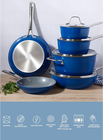 Sur La Table Kitchen Essentials Cool Commune Hard Anodized 10 Piece PFA Free Ceramic Non Stick Interior Forged Durable Aluminum Pots and Pans Cookware Set - Blue - Induction Compatible7