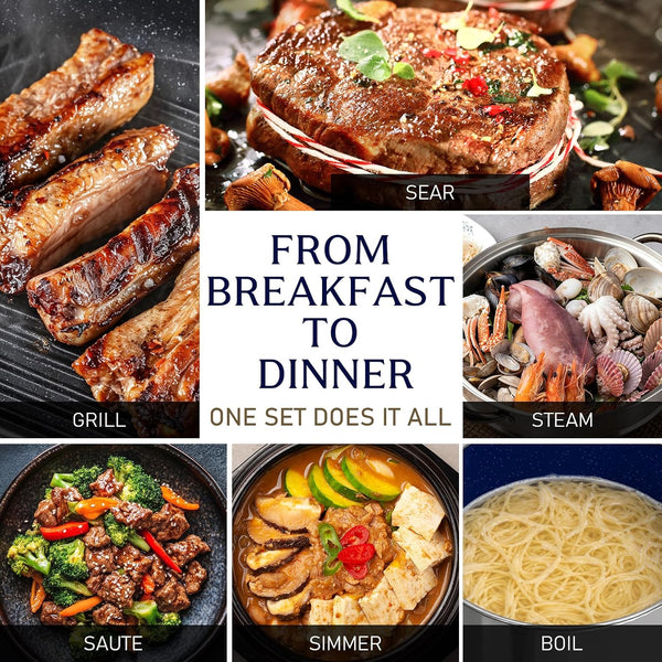 14-Piece Ceramic Cookware System, Complete Kitchen-In-A-Box Set with Grill Pan, Steamer & Utensils, Pfas-Free Nonstick Induction Cookware, Forged Aluminum Even Heat Set6