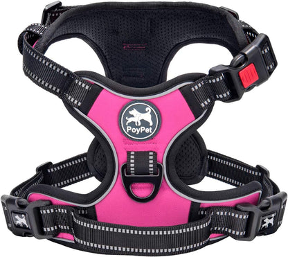 Poypet No Pull Dog Harness, No Choke Front Lead Dog Reflective Harness, Adjustable Soft Padded Pet Vest with Easy Control Handle for Small to Large Dogs(Pink, Medium)1