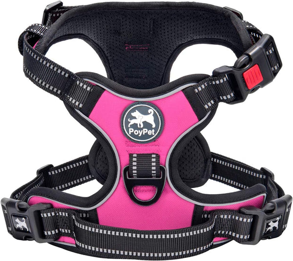 Poypet No Pull Dog Harness, No Choke Front Lead Dog Reflective Harness, Adjustable Soft Padded Pet Vest with Easy Control Handle for Small to Large Dogs(Pink, Medium)1