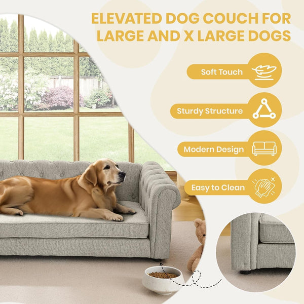 Elevated XL Large Dog Sofa with Backrest and Armrests, 55" Button Tufted Dog Couch Bed with Soft Cushion for Large Dogs, Stylish Lounging Bed Pet Couch Chair, 120Lbs Weight Capacity, Beige7