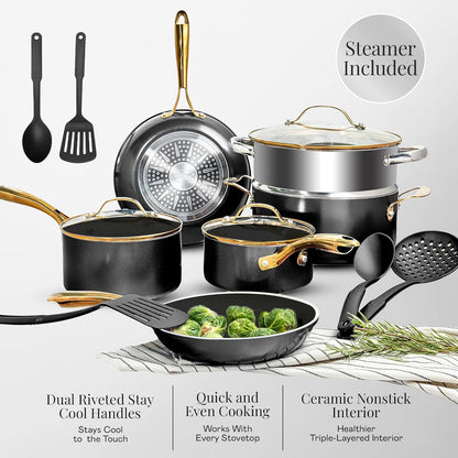 15 Pc Ceramic Cookware Set Nonstick, Ceramic Pots and Pans Set Non Stick with Steamer & Cooking Utensils, Non Toxic PFOA PFOS Free, Premium Stay Cool Handles, Oven & Dishwasher Safe4