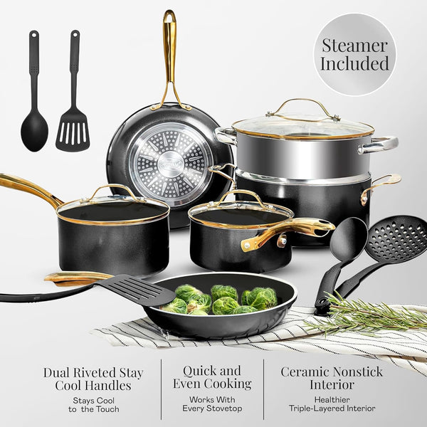 15 Pc Ceramic Cookware Set Nonstick, Ceramic Pots and Pans Set Non Stick with Steamer & Cooking Utensils, Non Toxic PFOA PFOS Free, Premium Stay Cool Handles, Oven & Dishwasher Safe4