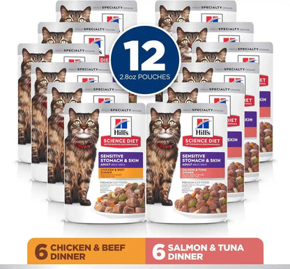 Hill'S Science Diet Sensitive Stomach & Skin Wet Cat Food Variety Pack | #1 Veterinarian Recommended, Adult Formula, Chicken & Beef, Salmon & Tuna, 2.8 Oz. Pouches, 12-Pack3
