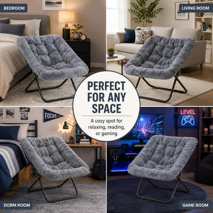 Oversized Square Moon Chair for Adults, Soft Faux Fur Folding Lounge Chair with Sturdy Steel Frame, Comfortable Reading Gaming Chair for Living Room, Bedroom, Grey8