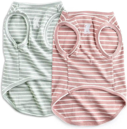 Koneseve Dog Shirt Vest Lightweight Stretchy Dog T-Shirts Soft Cool Sleeveless Stripe Vests Breathable Clothes for Puppy Kitty Cats Small Medium Large Dogs 2 Pack Pink + Green [ S/Small ]1