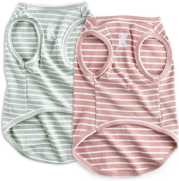 Koneseve Dog Shirt Vest Lightweight Stretchy Dog T-Shirts Soft Cool Sleeveless Stripe Vests Breathable Clothes for Puppy Kitty Cats Small Medium Large Dogs 2 Pack Pink + Green [ S/Small ]1