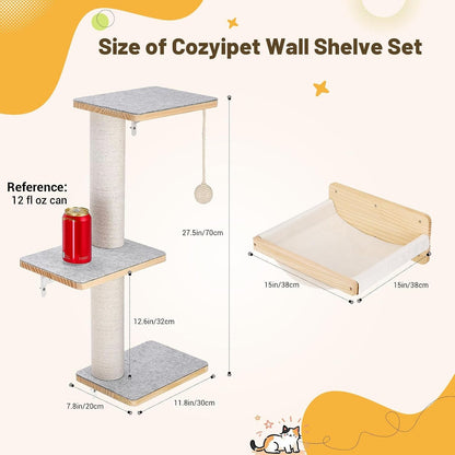 Wall Mounted Cat Shelves Set with Hammock | Sisal Scratching Posts, 3 Wooden Steps, Space-Saving Cat Tree, for Indoor Cats up to 30 Lbs2