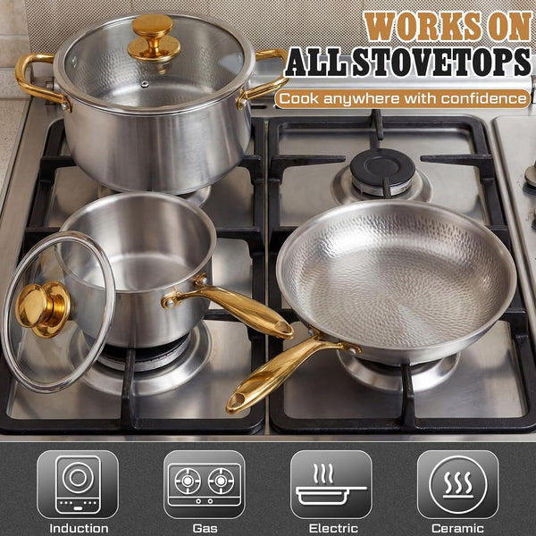 Titanium Pots and Pans Set,6 Pcs,Essential Cookware Set | Titanium Pans for Cooking with Lids, Spoon, Spatula, Triply Titanium No Coating for Induction, Cooktops, Safe up to 1000°F7