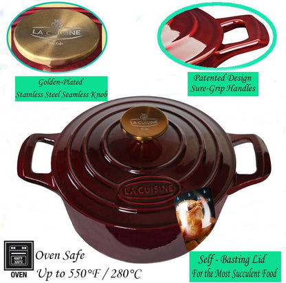 La Cuisine Enameled Cast Iron Dutch Oven Casserole Pot with Golden Handle for Lid, Internal Matte Black Enamel Coating, 5 QT 10.5" / 26Cm Ø, Oven-Safe 550°F/276°C, Cranberry3
