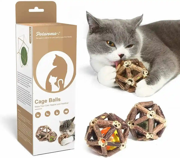 Potaroma Catnip Toys, 3Pcs Cat Toys Natural Silvervine Stick Cage Balls & Bell Ball for Indoor Cats, Kitten Cleaning Teeth Molar Matatabi Cat Chew Toy All Breeds | Kitten Cleaning Teeth Molar Matatabi Cat Chew Toy for Indoor Cats All Breeds with Bell1