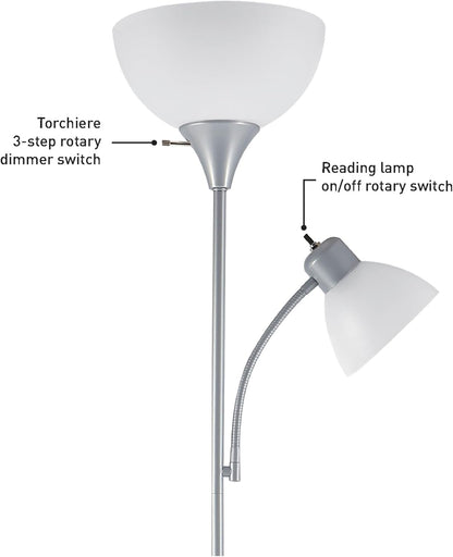 67134 72" Torchiere Floor Lamp and Adjustable Reading Light, Silver, Frosted Shade, Dual Rotary Switch, 3-Step Dimming, Modern Lighting for Living Room or Office, Timeless5