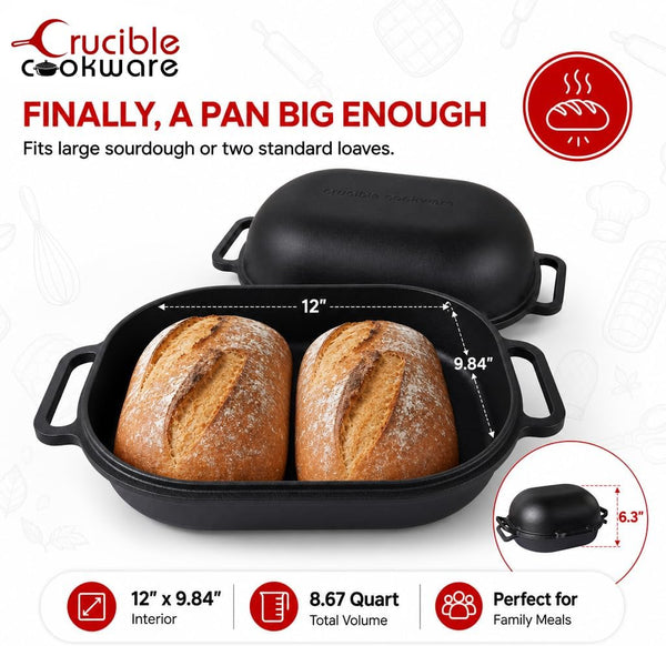 Extra Large Cast Iron Artisan Bread Pan 6 Loop Handles Deep Lid for Steam Baking - Sourdough Bread Oven, Covered Loaf Baker3