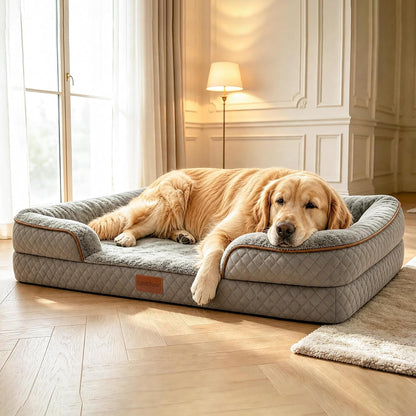 Large Dog Sofa Bed with Reusable Potty Pad - 44.5" X 33.5" X 6.7" Beige Dog Sofa with Soft Plush Surface, Raised Bolsters, Removable Bolster, and Non-Slip Bottom for Large Dogs - Xlarge10