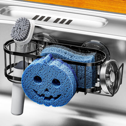 Sponge Holder Smiley Face, Sink Caddy for Kitchen Sink, Kitchen Organizer Sponge Holder with 2 PCS Suction Cups and Adhesive Strips, Designed for Sponge, Soap, Dish Brush, Scrubber-Black1
