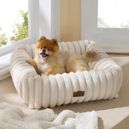 Bedsure Comfyfleece™ Cute Dog Bed for Small Medium Dogs Washable,25In Cream | Furry Puppy Beds,Square Rectangle Orthopedic Corduroy Aesthetic Pet Beds,Removable Zipper Cover,Non-Slip Bottom,Up to 15 Lbs1