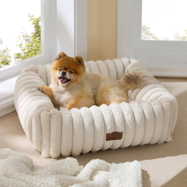 Bedsure Comfyfleece™ Cute Dog Bed for Small Medium Dogs Washable,25In Cream | Furry Puppy Beds,Square Rectangle Orthopedic Corduroy Aesthetic Pet Beds,Removable Zipper Cover,Non-Slip Bottom,Up to 15 Lbs1