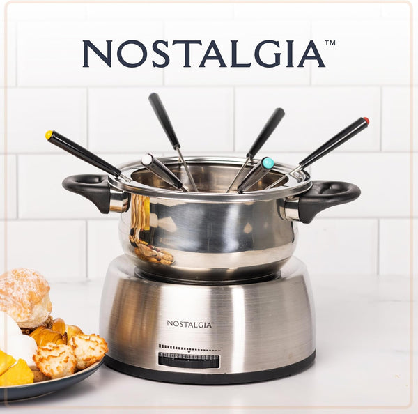 FPS200 6-Cup Stainless Steel Electric Fondue Pot with Temperature Control, 6 Color-Coded Forks and Removable Pot - Perfect for Chocolate, Caramel, Cheese, Sauces and More5