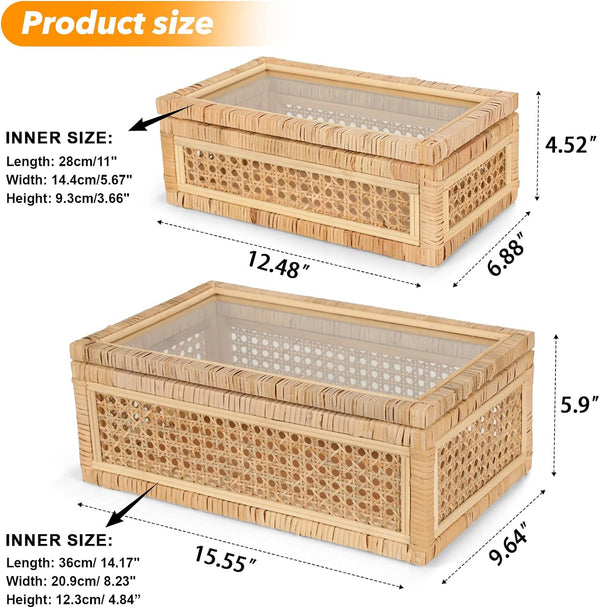 Large Handwoven Boho Rattan Display Boxes with Glass Lids Set of 2 | Rectangular Decorative Storage Bins Natural Woven Cane Home Decor Organizers (15.55" X 9.64" X 5.9" & 12.48" X 6.88" X 4.52")3