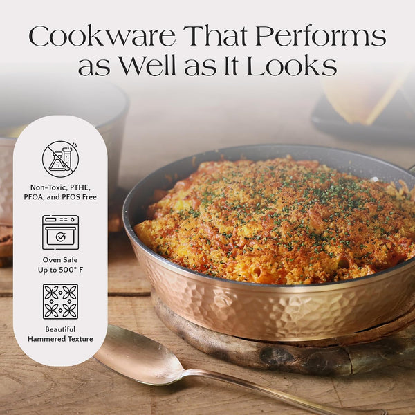 Ceramic Pots and Pans for Cooking - 10 Piece Cookware Set with Glass Lids, Rose Hammered Design, Elegant, Lightweight & Durable Non Stick Pans for All Stove Top Designs, Oven Use up to 500°F2