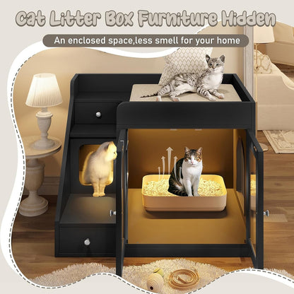 Cat Litter Box Enclosure with Light, Hidden Litter Box Furniture with 2 Storage Drawers & Smart Doors, Cat House Side Table for Living Room Entryway (Black)5