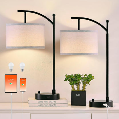 Table Lamp Set of 2, 23.5" Bedside Lamps with USB C+A Ports, Black | Table Lamps for Living Room, Bedroom, Bedside Lamps for Nightstand with Linen Lamp Shades, 2 Dimmable LED Bulbs Included1