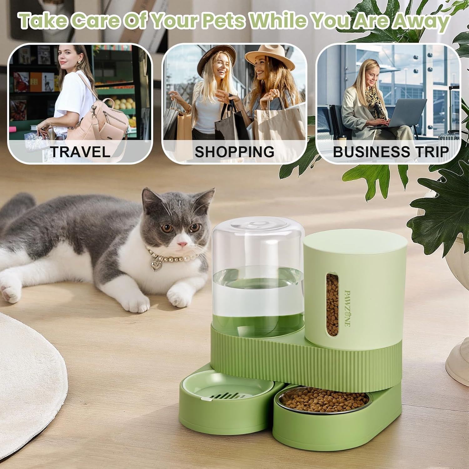 automatic-cat-feeder-stainless-steel-water-dispenser-gravity-food-feeder-and-waterer-set-with-pet-food-bowl-for-small-medium-kitten-puppy-pets-large-capacitygreen